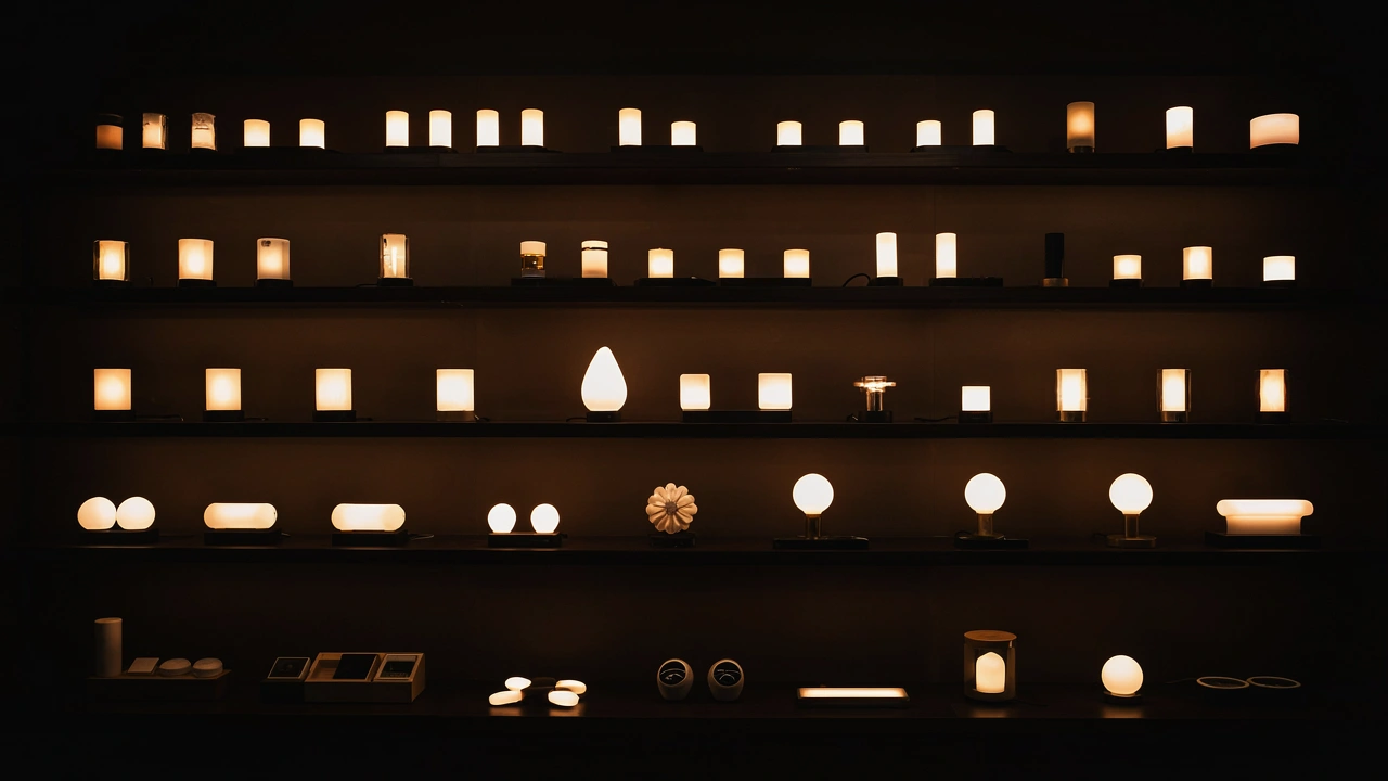 Mur d'étagères de luminaires LED dans un showroom